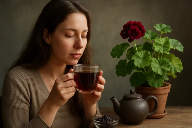 Žena vychutnáva čaj z čierneho pelargónia s kvetmi na pozadí.