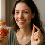 Žena s karotín kapsulami, symbolizuje zdravie a krásu