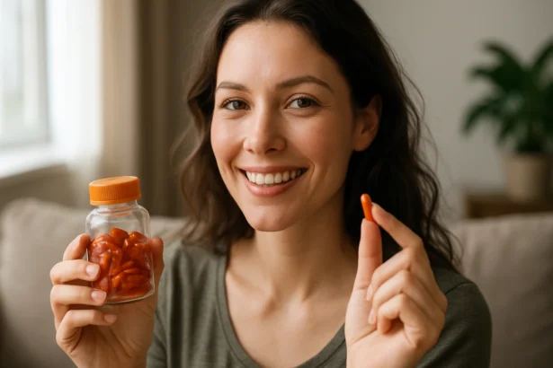 Žena s karotín kapsulami, symbolizuje zdravie a krásu