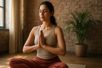 Žena praktizujúca kundalini jogu s pokojom a sústredením.