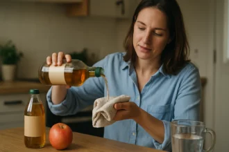 Žena nalievajúca ocot na handru v kuchyni vedľa jablka a pohára vody.