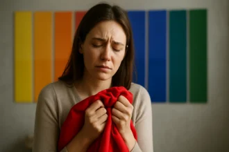 Žena v smútení s červenou látkou, pozadie s farbami.