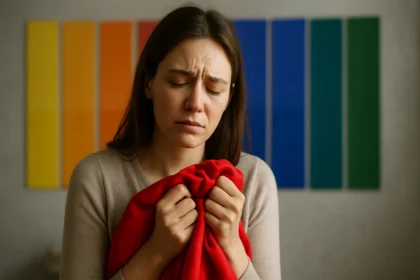 Žena v smútení s červenou látkou, pozadie s farbami.
