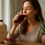 Žena si vychutnáva Aloe Berry Nectar pri stole s aloe vera a ovocím.