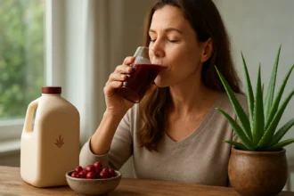 Žena si vychutnáva Aloe Berry Nectar pri stole s aloe vera a ovocím.