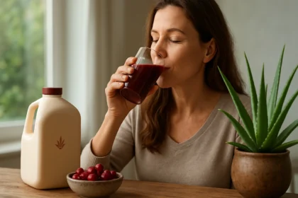 Žena si vychutnáva Aloe Berry Nectar pri stole s aloe vera a ovocím.