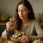 Žena drží zázvor v ruke a skúma jeho zdravotné benefity.