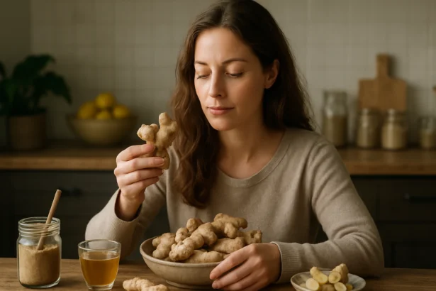 Žena drží zázvor v ruke a skúma jeho zdravotné benefity.