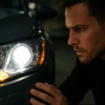 Muž kontroluje bi-xenónové svetlomety na automobile.