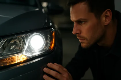 Muž kontroluje bi-xenónové svetlomety na automobile.