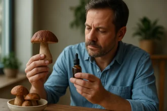 Muž skúma húsenicovú hubu a fľašu extraktu na stole