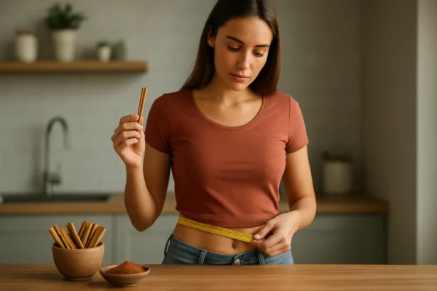 Žena meria obvod pása so škoricou v ruke pre zdravé chudnutie.