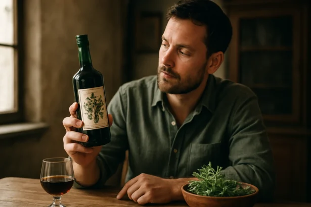 Muž drží fľašu bylinného likéru Underberg s bylinkami na stole.