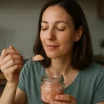 Žena si vychutnáva parajdskú soľ z pohára s úsmevom na tvári.