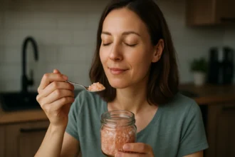 Žena si vychutnáva parajdskú soľ z pohára s úsmevom na tvári.