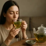 Žena vychutnávajúca si Mecsek čistiaci čaj vo sklenenom hrnčeku.