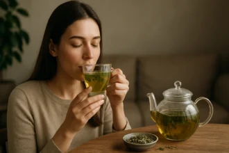 Žena vychutnávajúca si Mecsek čistiaci čaj vo sklenenom hrnčeku.