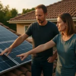 Pár skúma solárne panely na streche svojho domu