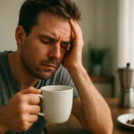 Muž s bolesťou hlavy a šálkou kávy v ruke