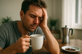 Muž s bolesťou hlavy a šálkou kávy v ruke