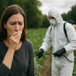 Žena s obavami sleduje postrek pesticídmi na poli.