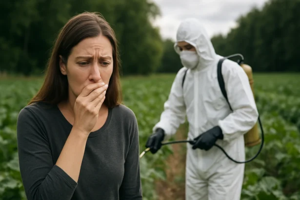 Žena s obavami sleduje postrek pesticídmi na poli.