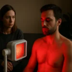 Muž pod infračerveným svetlom so ženou v pozadí