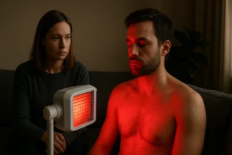 Muž pod infračerveným svetlom so ženou v pozadí