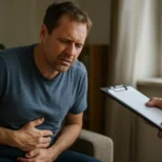 Muž cíti bolesti brucha v ordinácii lekára