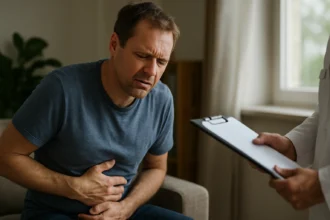 Muž cíti bolesti brucha v ordinácii lekára