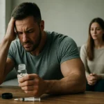 Muž so steroidmi a ženou za ním vyjadrujúcou obavy o plodnosť.