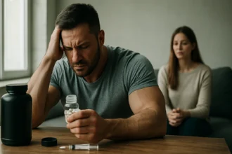 Muž so steroidmi a ženou za ním vyjadrujúcou obavy o plodnosť.