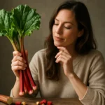 Žena drží čerstvú rebarboru s listami, zamyslená nad jej prínosmi.