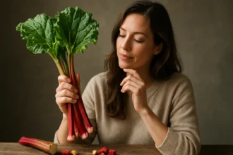 Žena drží čerstvú rebarboru s listami, zamyslená nad jej prínosmi.