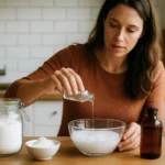 Žena pripravuje zmes s bóraxom a glycerínom v kuchyni.