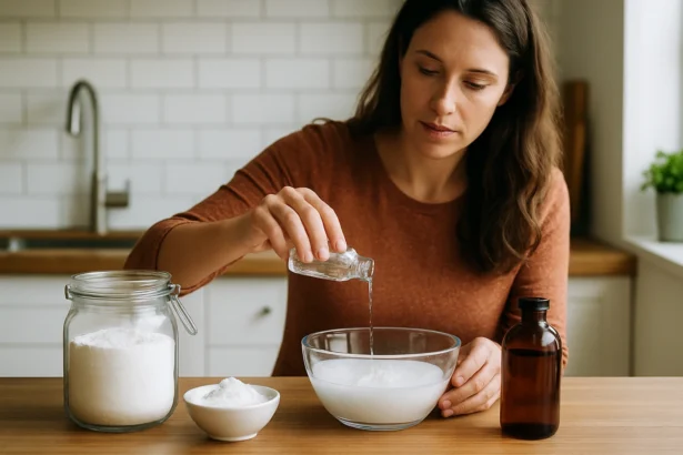 Žena pripravuje zmes s bóraxom a glycerínom v kuchyni.