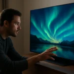 Muž sledujúci OLED TV s panorámou polárnej žiary.