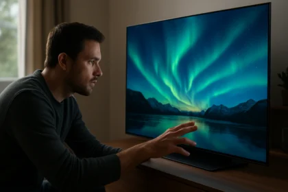 Muž sledujúci OLED TV s panorámou polárnej žiary.