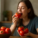 Žena si vychutnáva čerstvé paradajky v kuchyni.