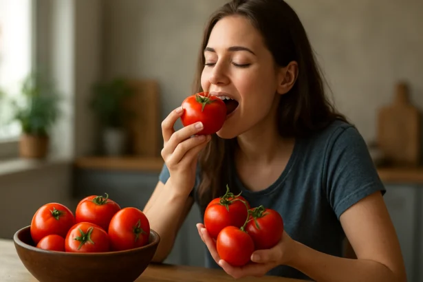 Žena si vychutnáva čerstvé paradajky v kuchyni.