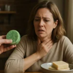 Žena s obavami reaguje na zelený saponín v rukách muža.