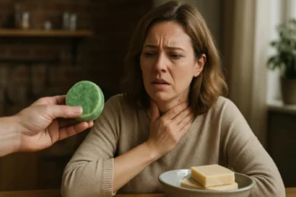 Žena s obavami reaguje na zelený saponín v rukách muža.