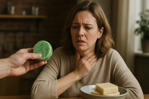 Žena s obavami reaguje na zelený saponín v rukách muža.