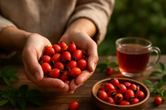 Ruky držiace šípky bohaté na vitamín C a antioxidanty.