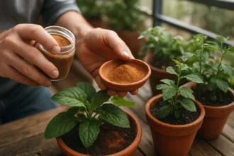 Muž posypáva škoricu na rastliny v hlinenom črepníku.