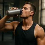 Muž pije energetický nápoj po tréningu vo fitness centre.