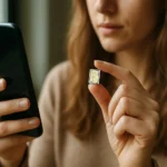 Žena drží dvojitú SIM kartu pred mobilným telefónom.