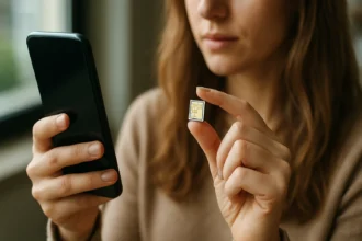 Žena drží dvojitú SIM kartu pred mobilným telefónom.