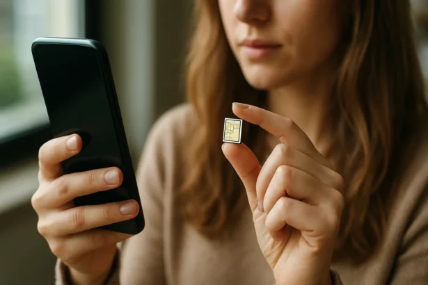 Žena drží dvojitú SIM kartu pred mobilným telefónom.