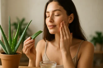 Žena s Aloe vera gélom na pokožke tváre a rastlinou vedľa seba